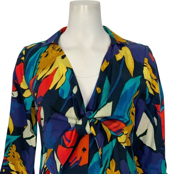 Uterque Bows And Coloured Brushstroke Print Blouse S 26 Tie Front - Picture 10 of 15